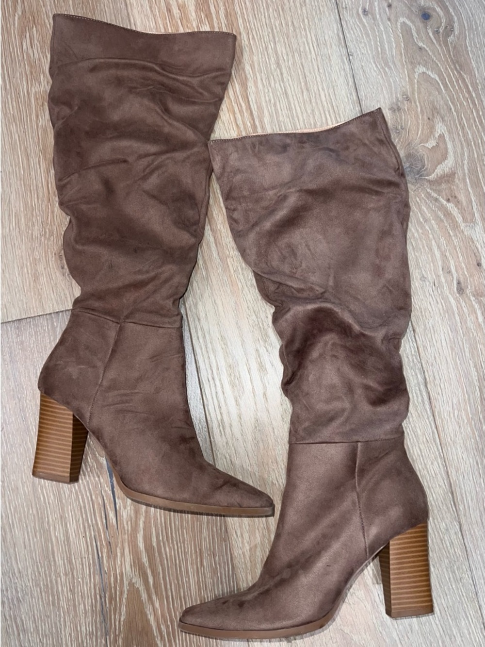 Brown Suede-Look Slouch 3” Block Heel Knee Boots